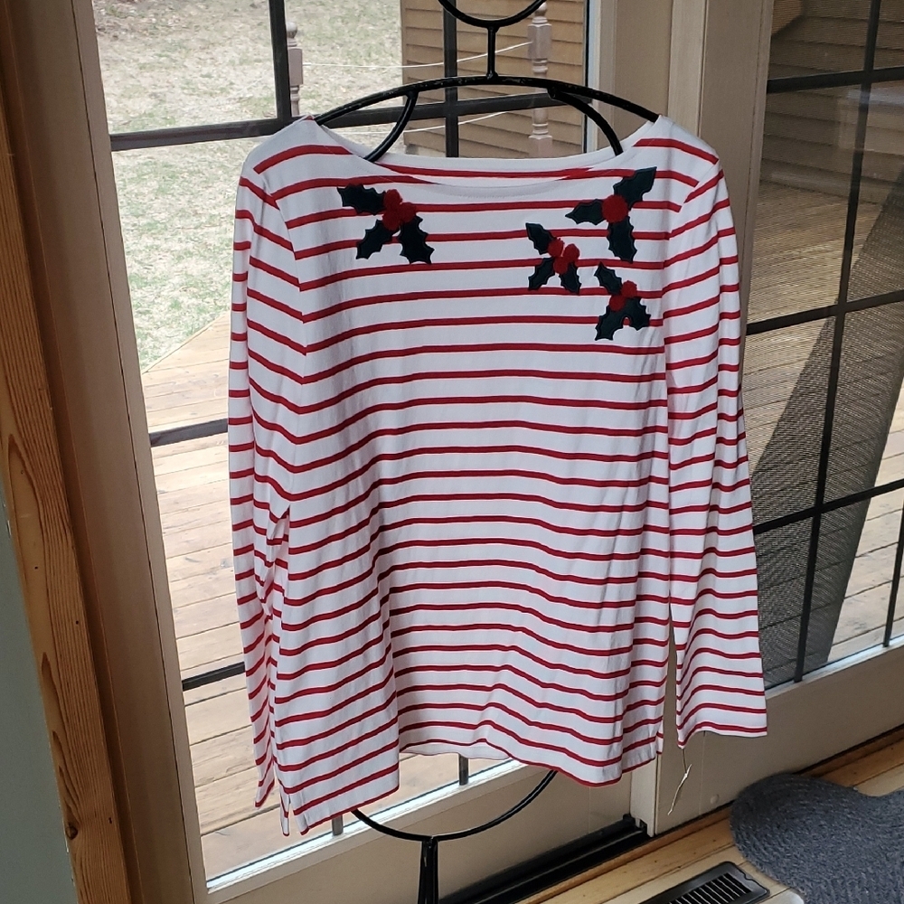 Talbots Holly Holiday‎ Embroidered Striped Sz. L Shirt with Embroidered Design